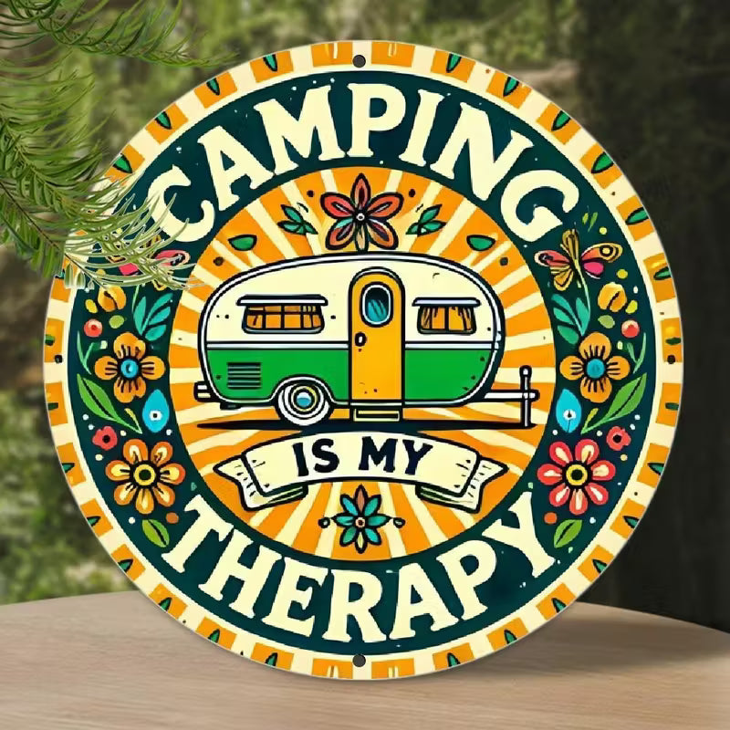 Camping is My Therapy Round Metal Sign