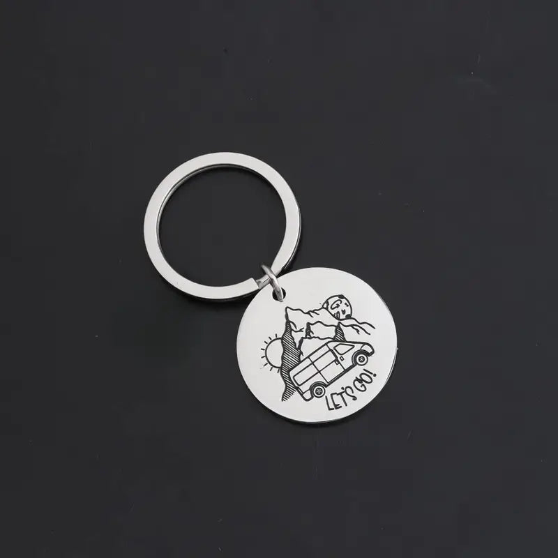 Let's Go Van Camping Scene Metal Keychain