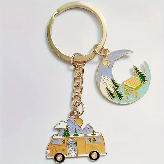 Retro Volkswagen Camper + Moon + Mountains Keychain